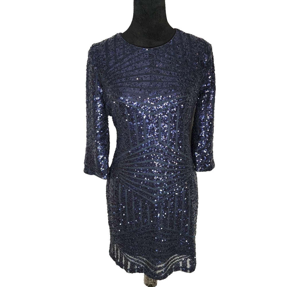DAINTY HOOLIGAN Size Large Navy Blue Sequin Mesh Geometric Cocktail Sheath Dress
